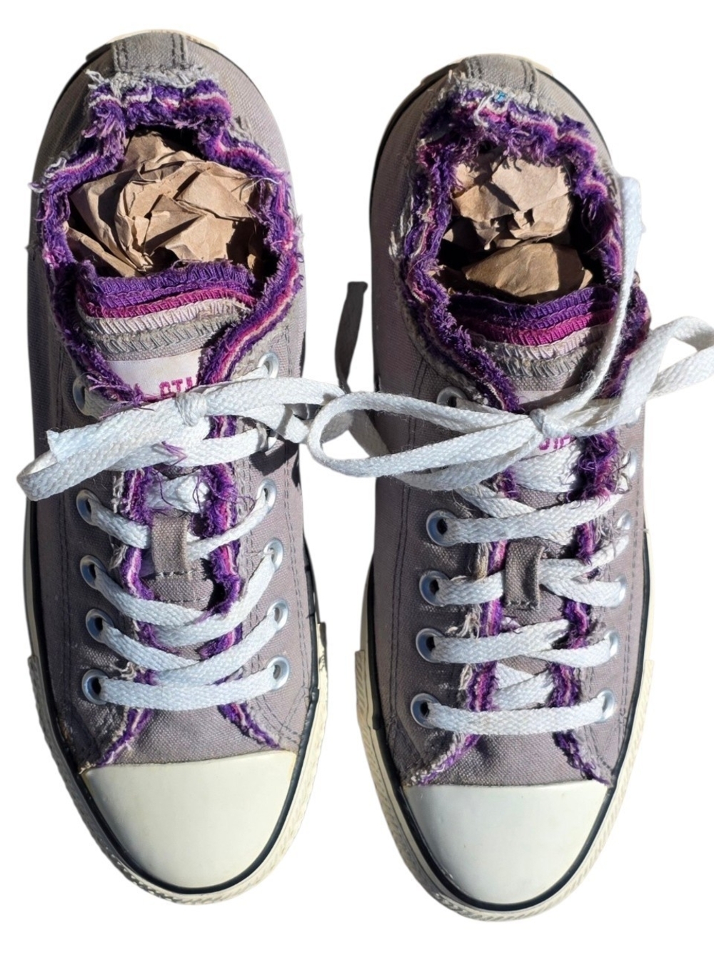 Converse All Star Five-Tongue Raw Edge Frayed Gray Purple Low Top Sneakers Sz 8
